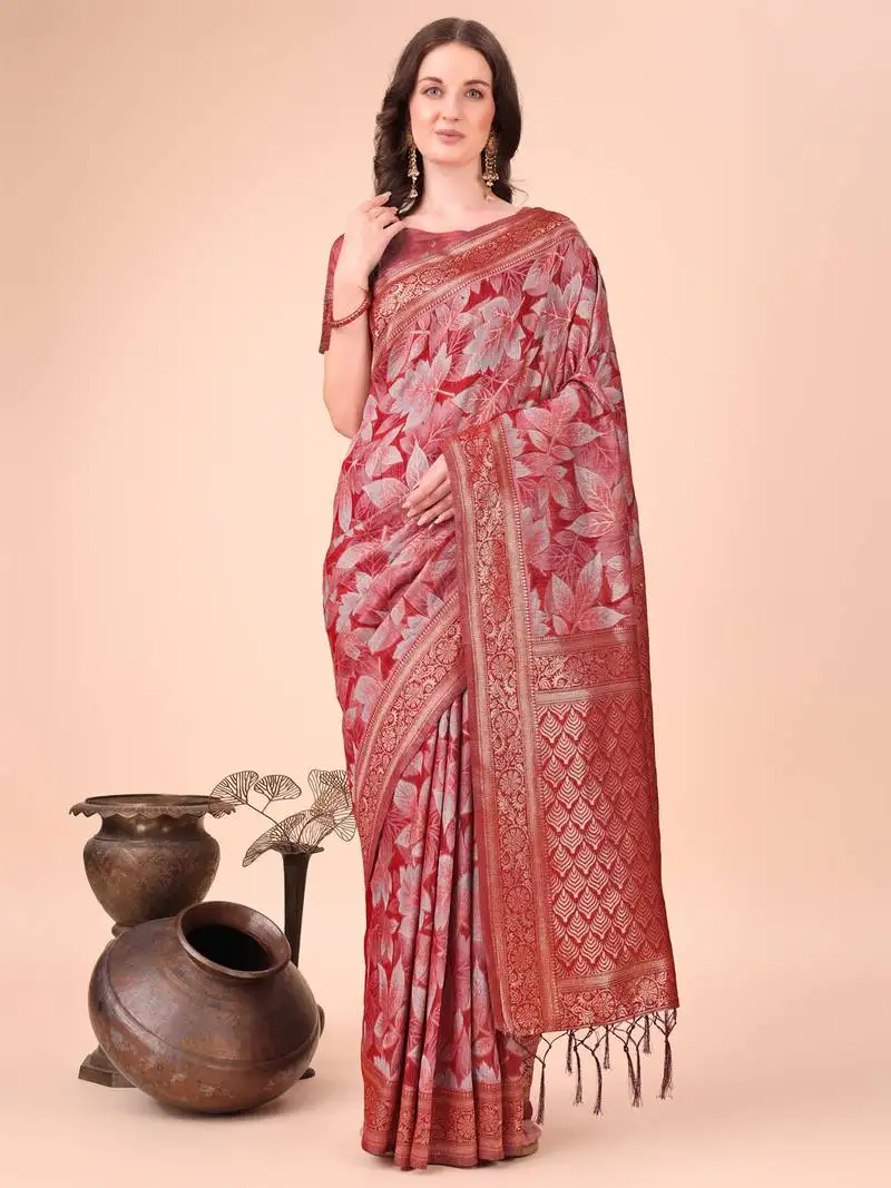 Red cotton woven zari work tassel saree