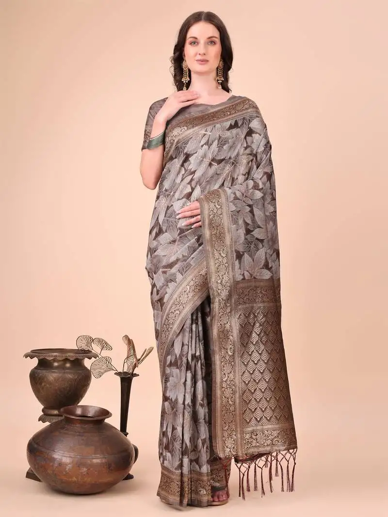 Brown cotton woven zari work tassel saree