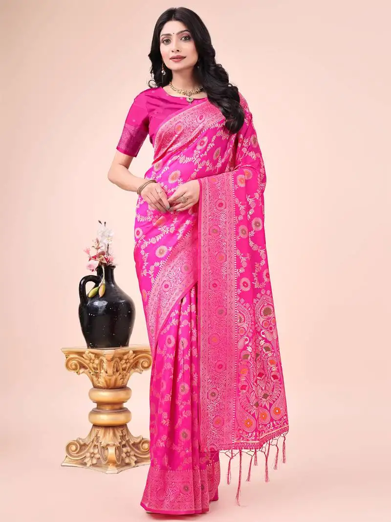 Pink lichi silk blend woven zari work tassel saree