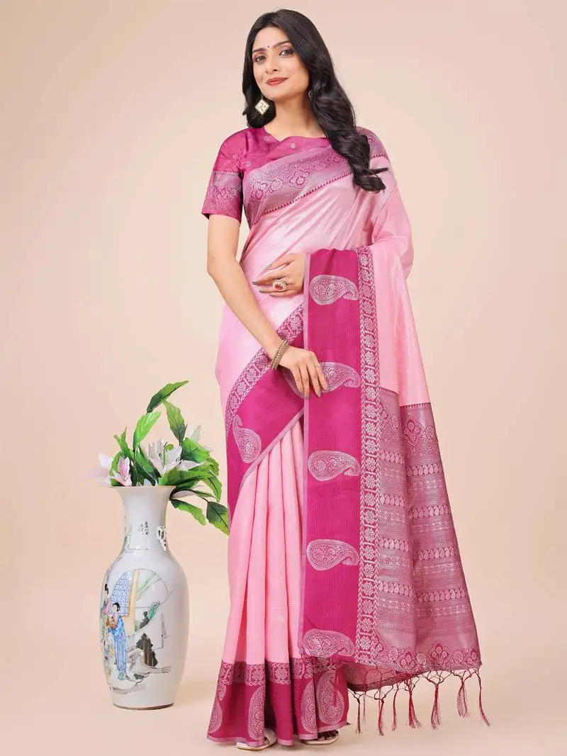 Light pink lichi silk blend woven zari work tassel saree
