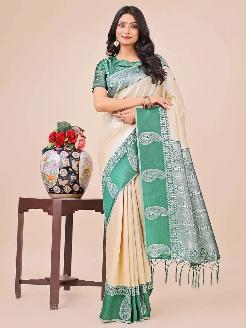 Cream lichi silk blend woven zari work tassel saree