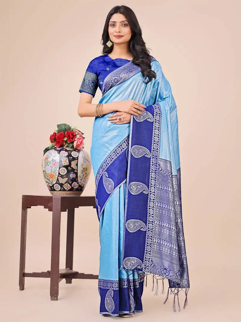 Sky blue lichi silk blend woven zari work tassel saree