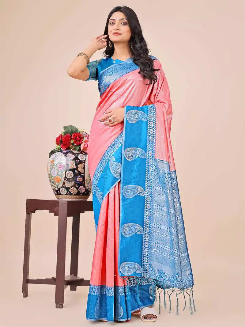 Peach lichi silk blend woven zari work tassel saree