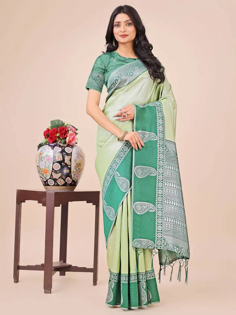 Light green lichi silk blend woven zari work tassel saree