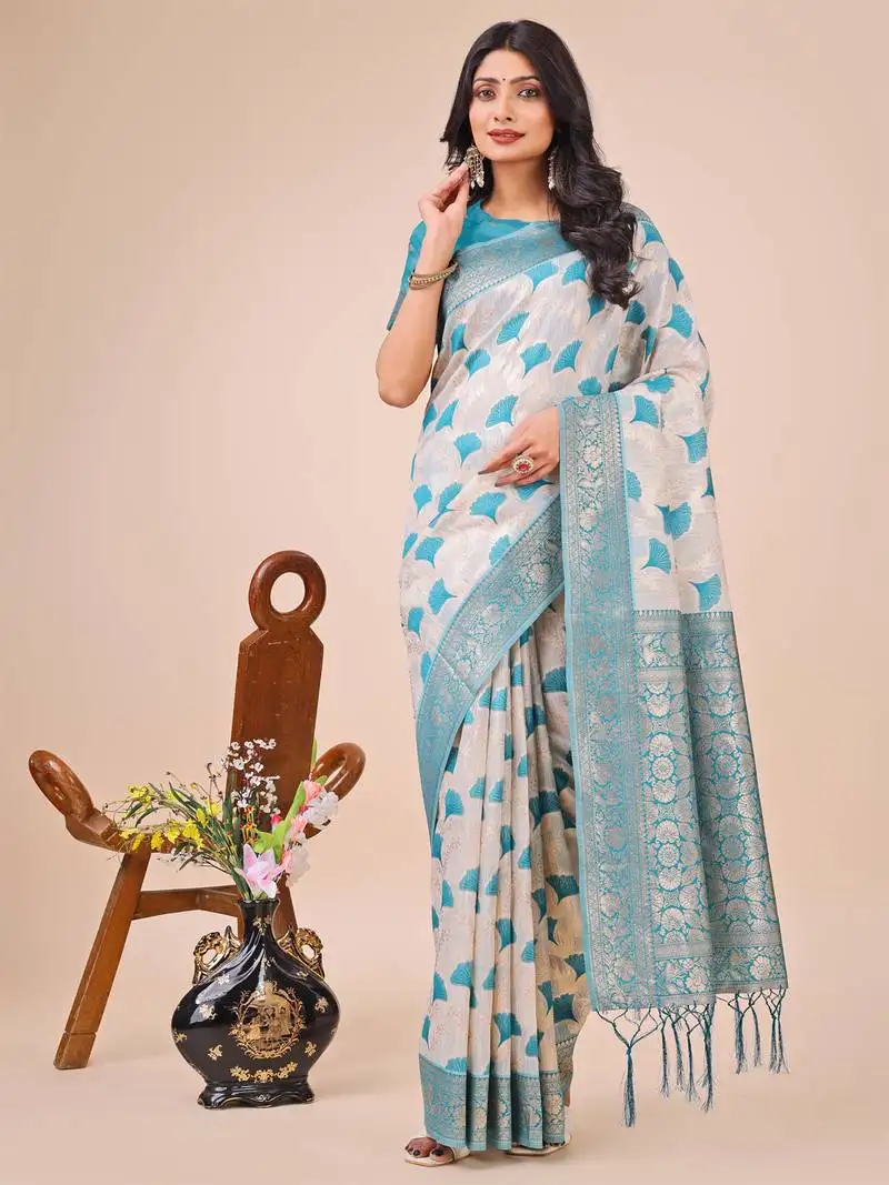 Teal linen cotton woven zari work tassel saree