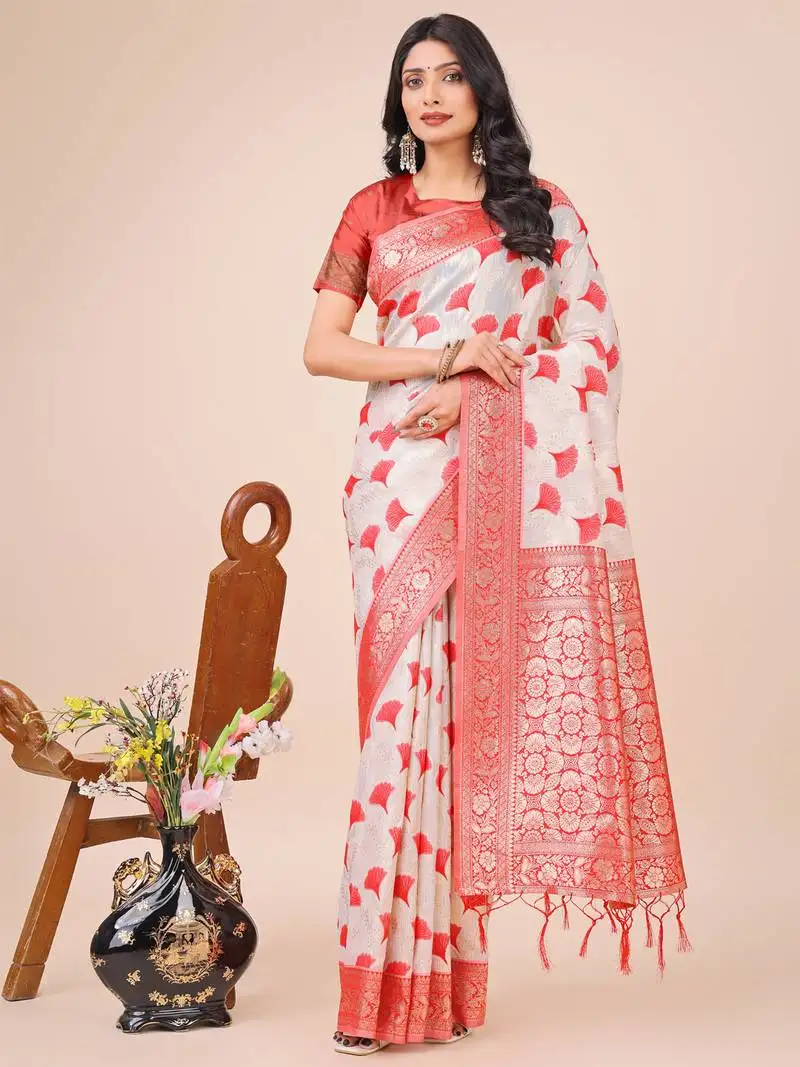Red linen cotton woven zari work tassel saree