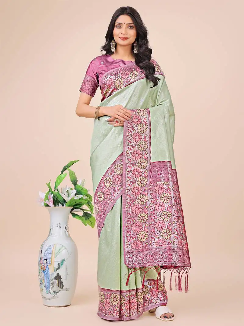 Olive green lichi silk blend woven zari work tassel saree