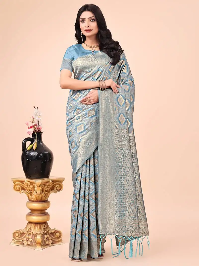 Sky blue cotton woven zari work tassel saree