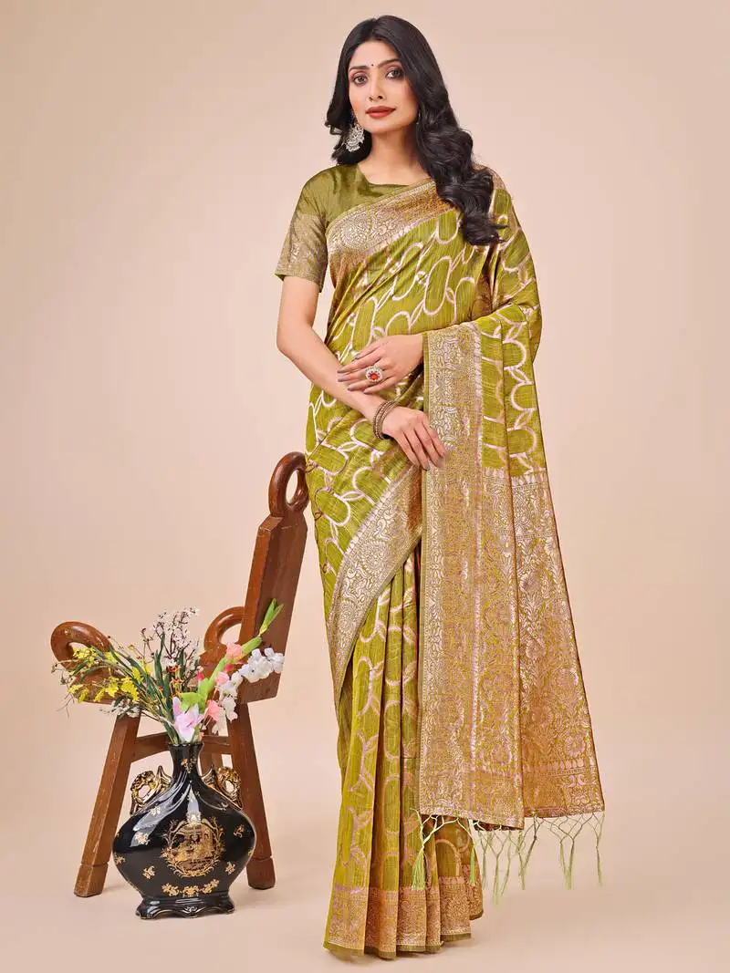 Olive green linen cotton woven zari work tassel saree