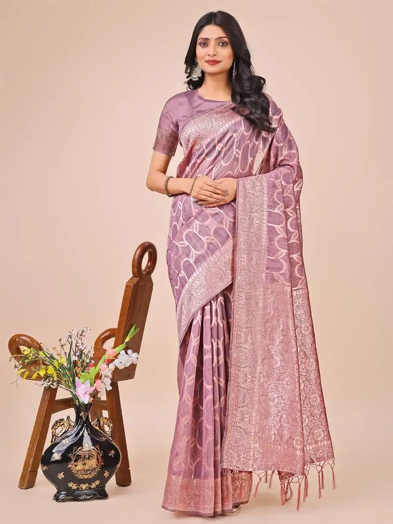 Purple linen cotton woven zari work tassel saree