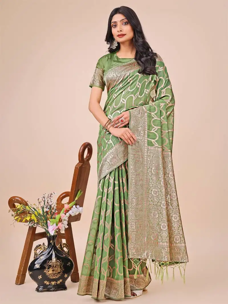 Green linen cotton woven zari work tassel saree