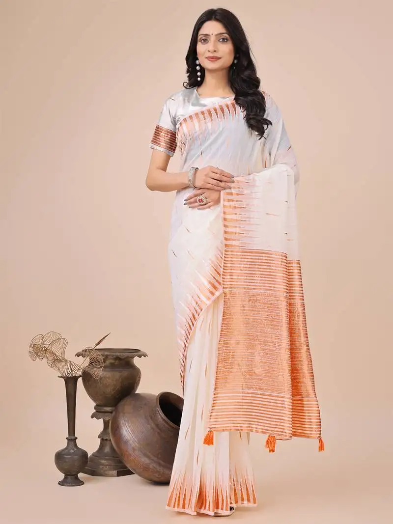 White linen cotton woven zari work tassel saree