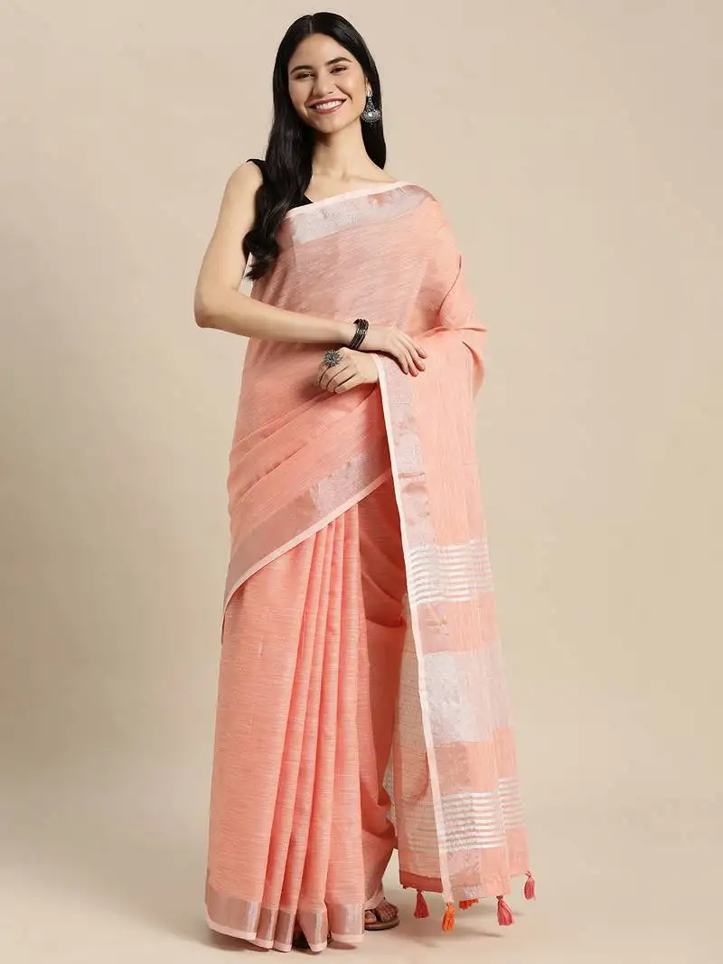 Peach linen cotton woven zari work tassel saree
