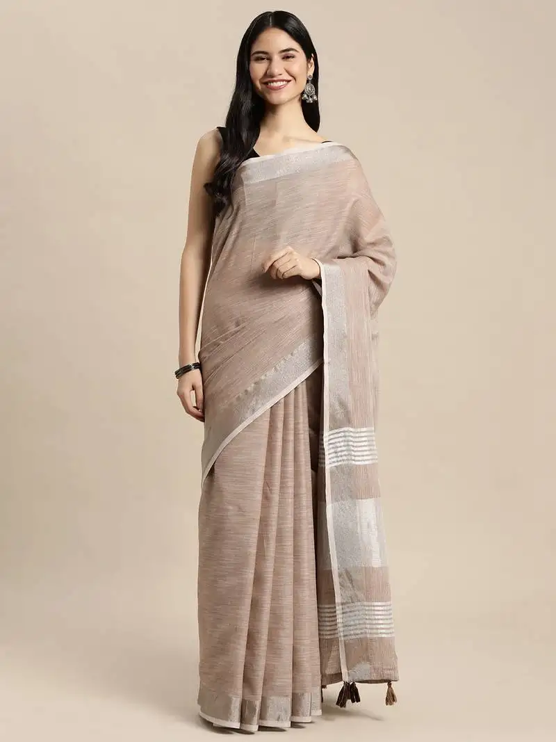 Brown linen cotton woven zari work tassel saree