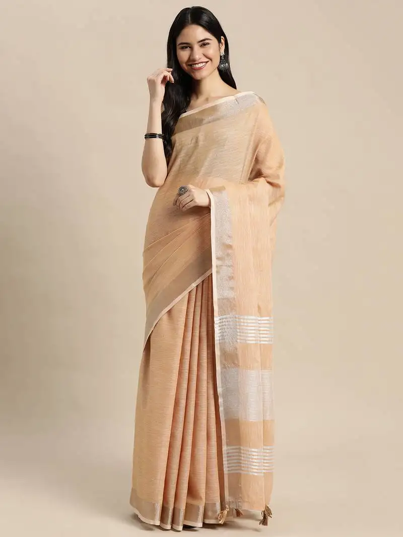 Tan linen cotton woven zari work tassel saree