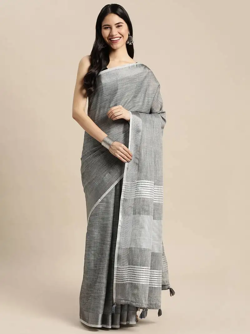 Dark grey linen cotton woven zari work tassel saree