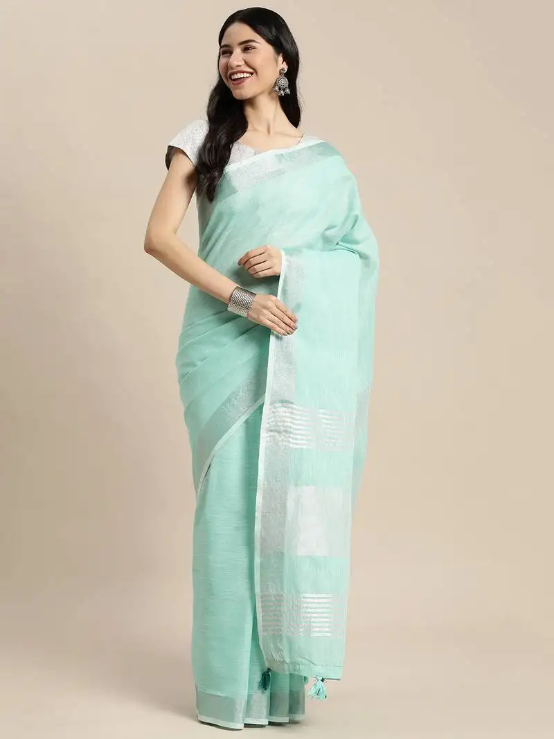Turquoise linen cotton woven zari work tassel saree