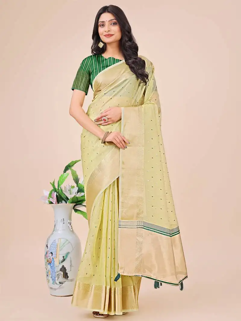 Light green organza woven zari work tassel saree