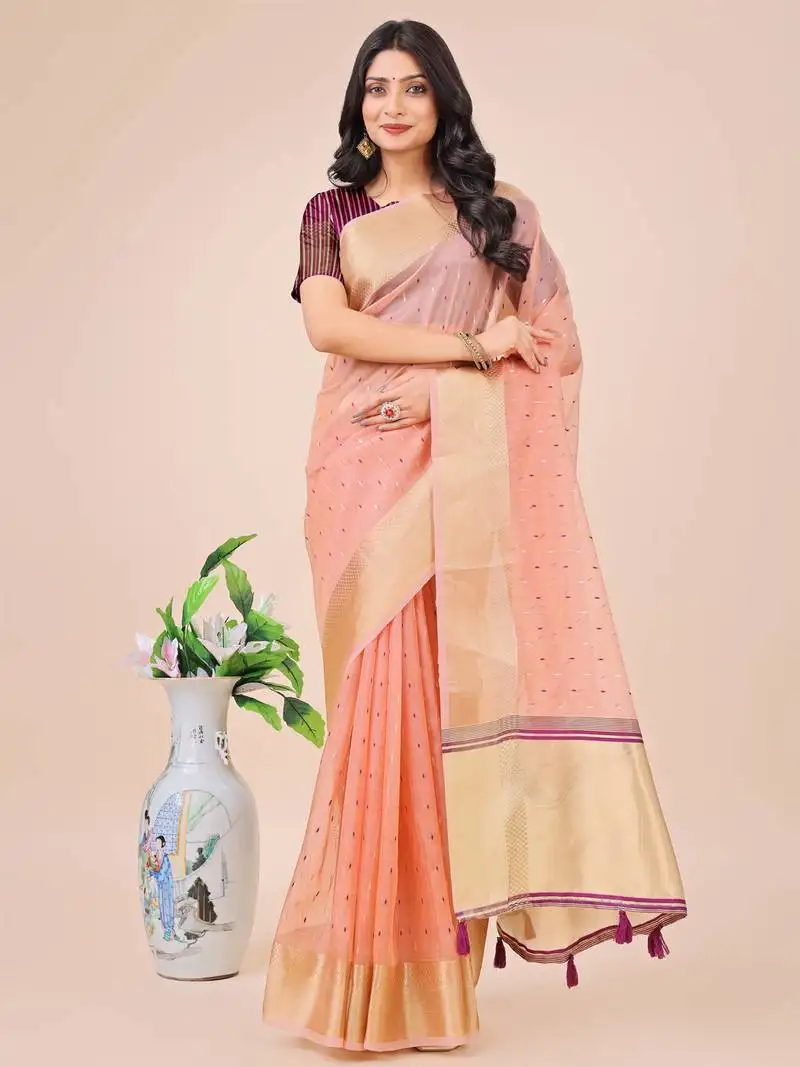 Light pink organza woven zari work tassel saree