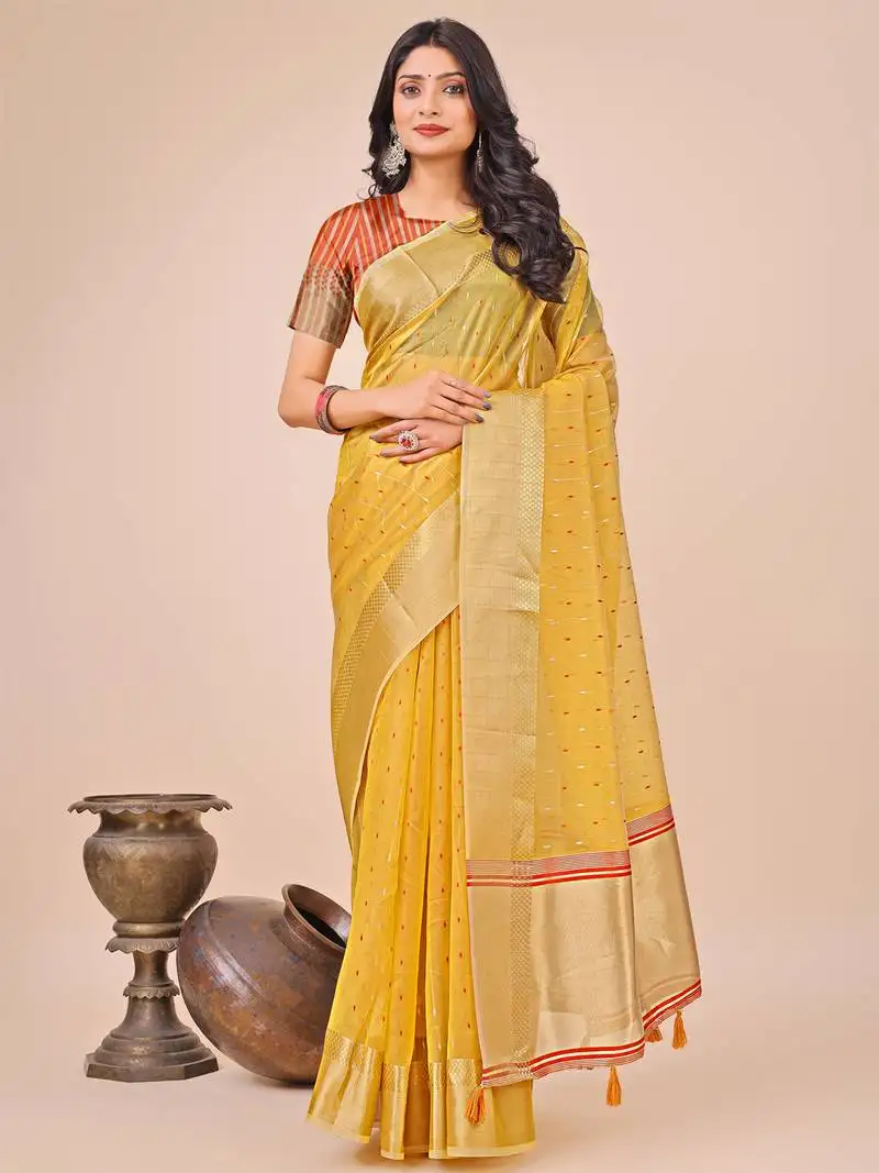 Yellow organza woven zari work tassel saree