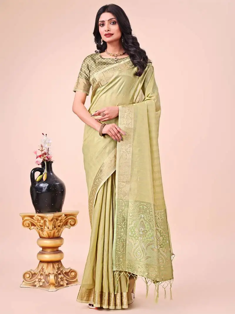 Olive green organza woven zari work tassel saree