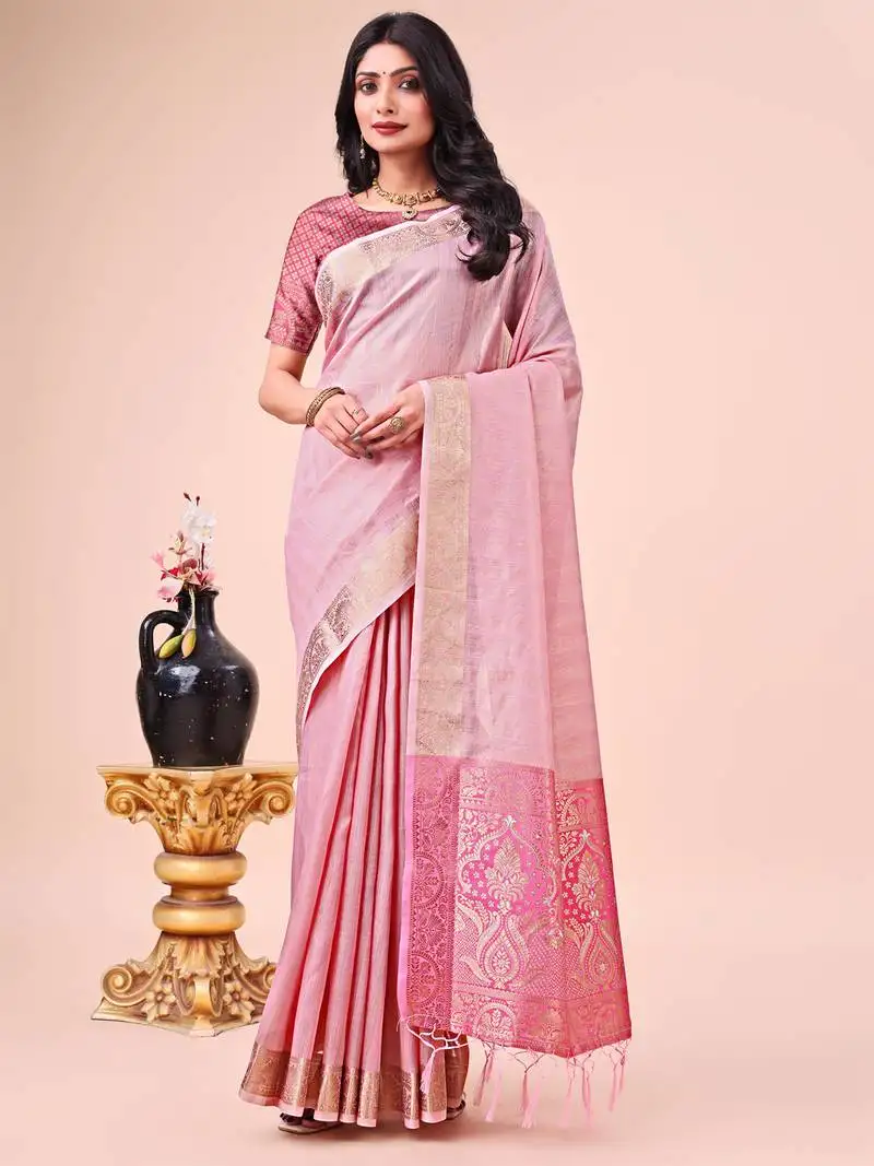 Pink organza woven zari work tassel saree