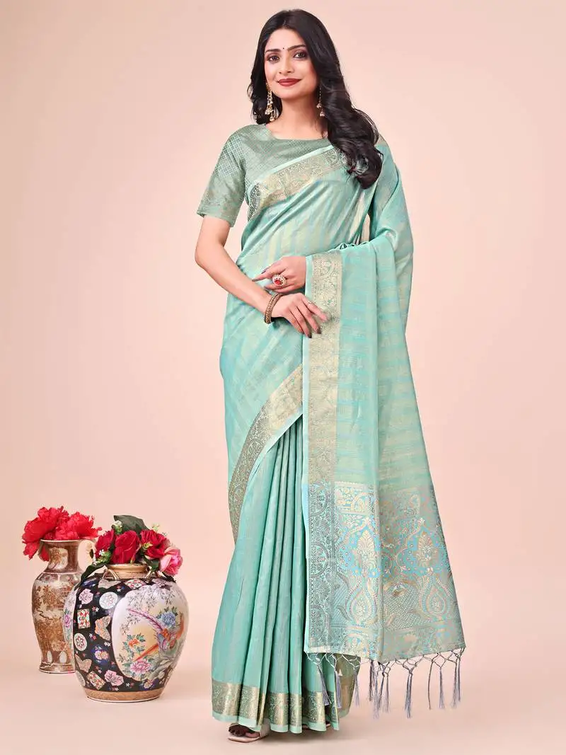 Teal organza woven zari work tassel saree