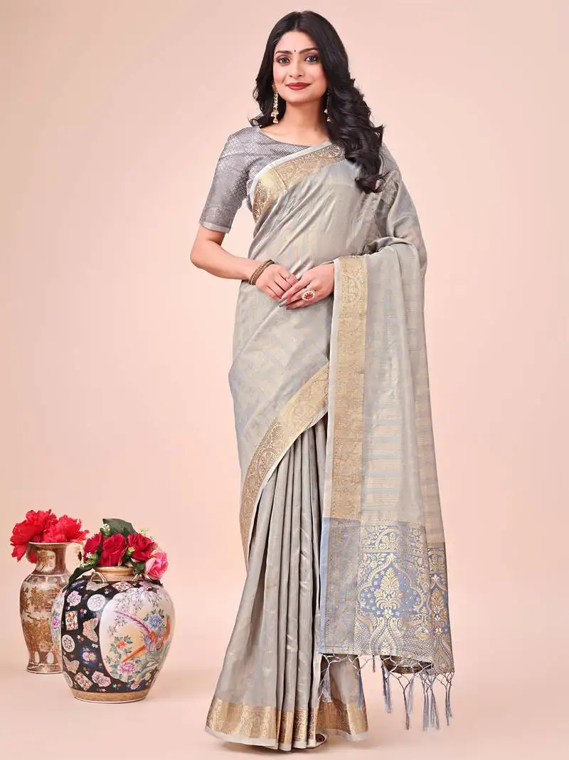 Grey organza woven zari work tassel saree