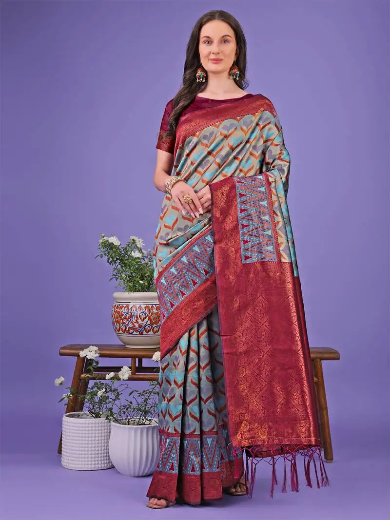 Grey lichi silk blend woven zari work tassel saree