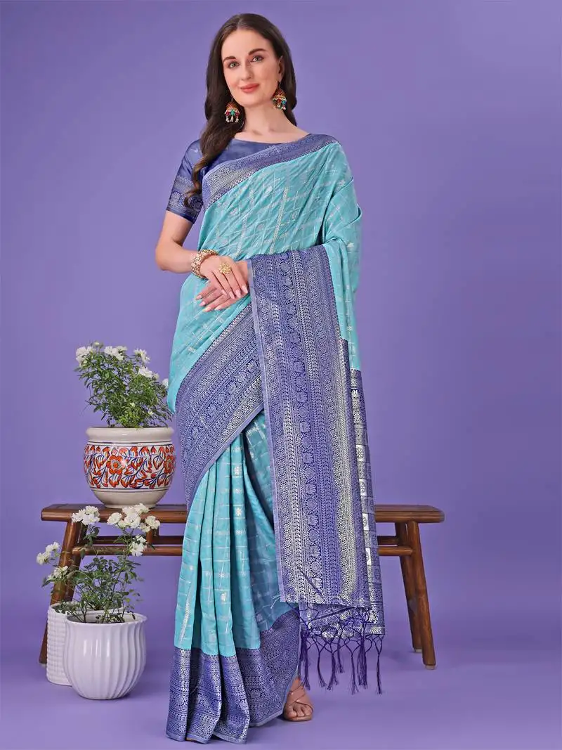 Sea green lichi silk blend woven zari work tassel saree