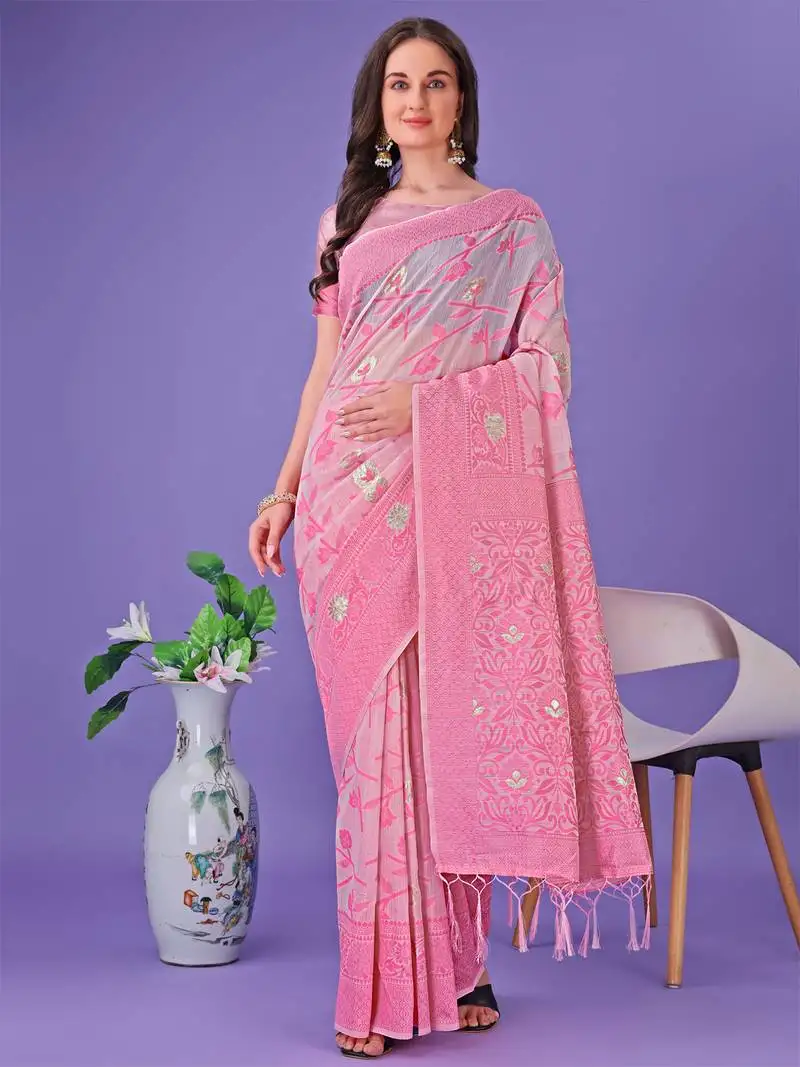 Light pink linen cotton woven zari work tassel saree