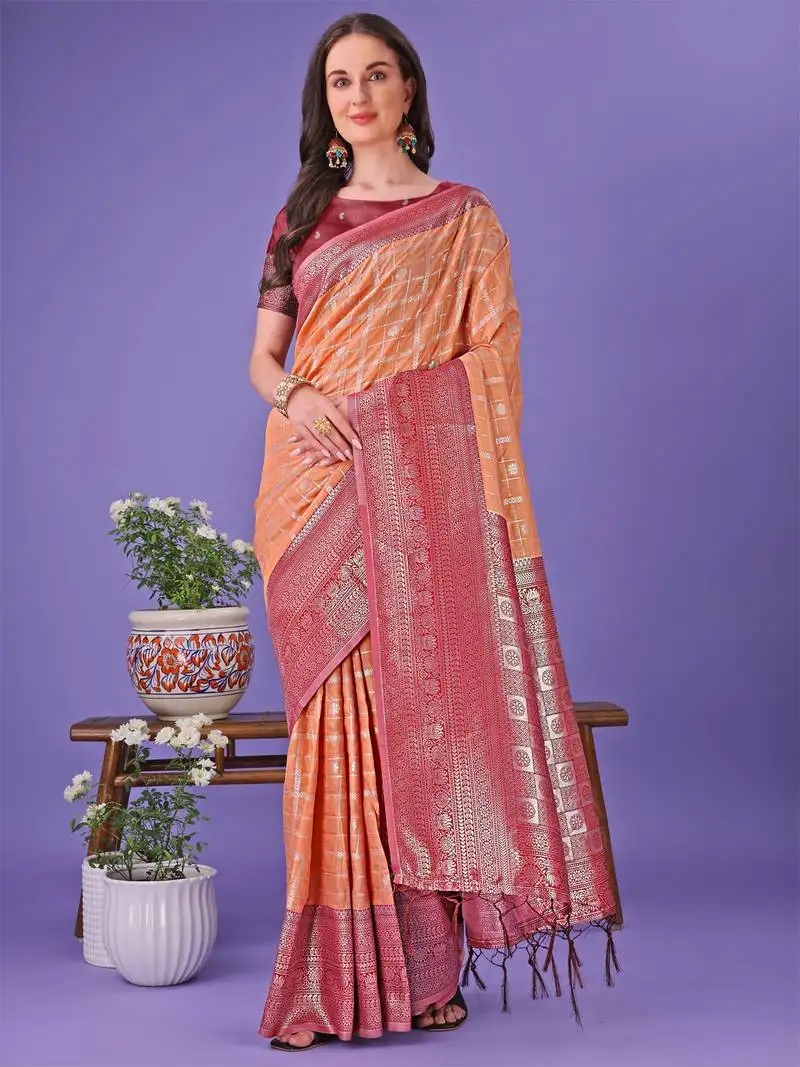 Orange lichi silk blend woven zari work tassel saree