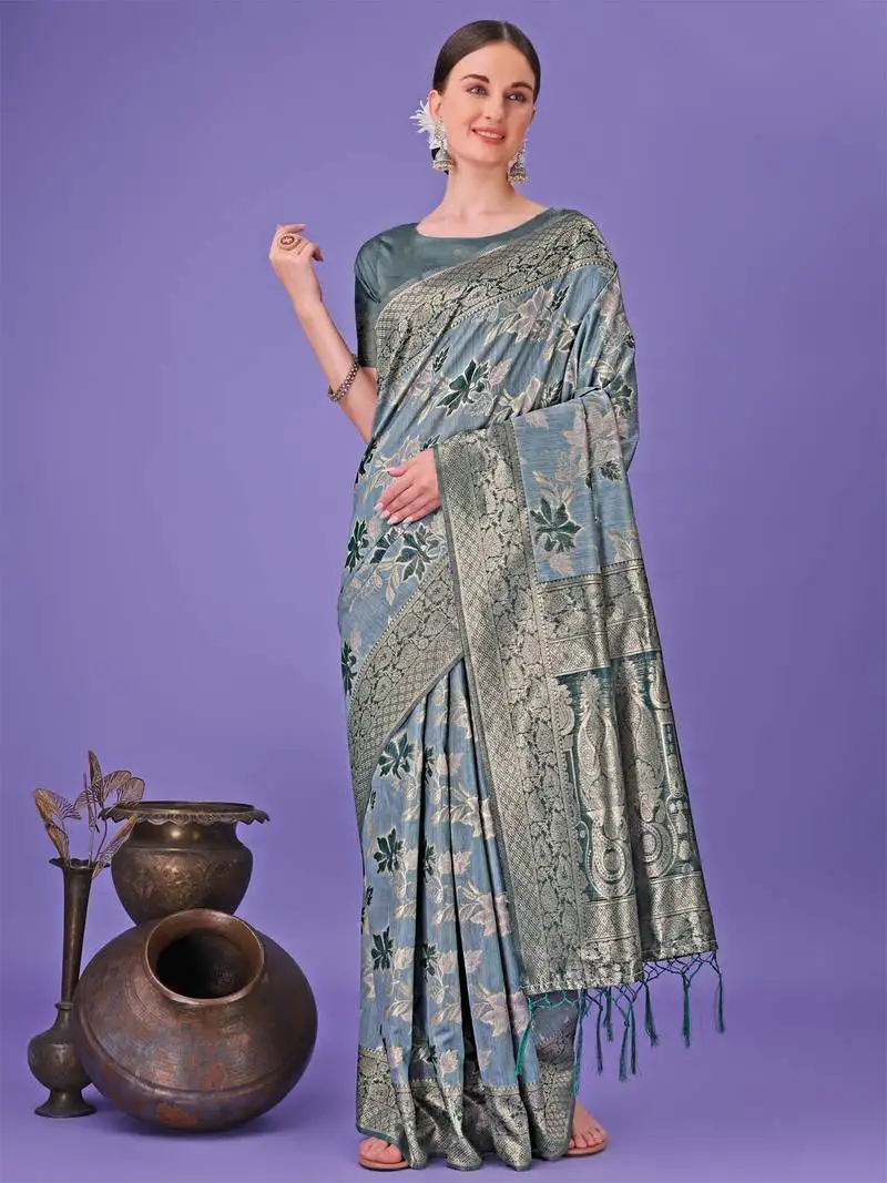 Teal cotton woven zari work tassel saree