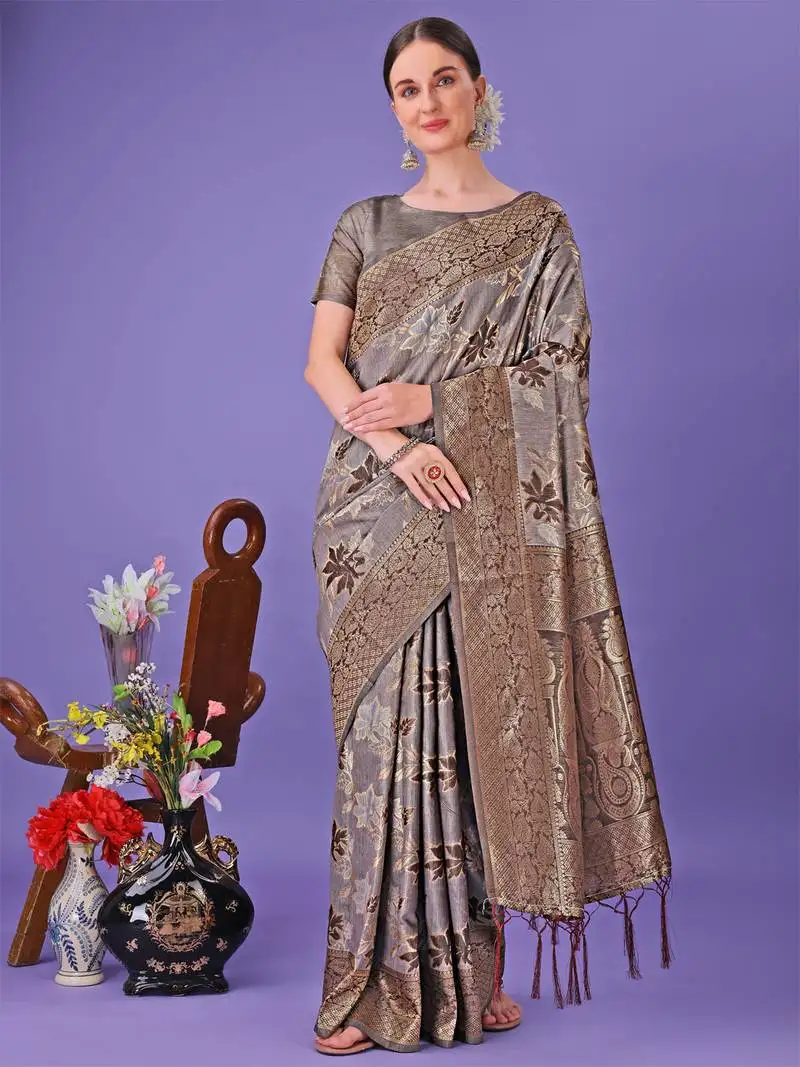 Grey cotton woven zari work tassel saree