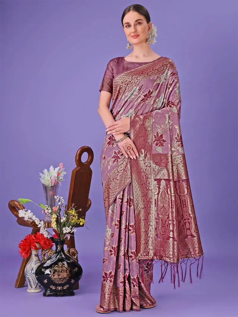 Purple cotton woven zari work tassel saree