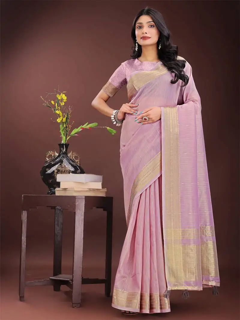 Purple organza woven zari work tassel saree