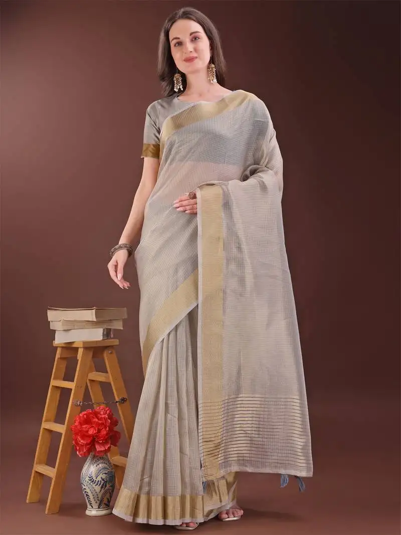 Brown organza woven zari work tassel saree
