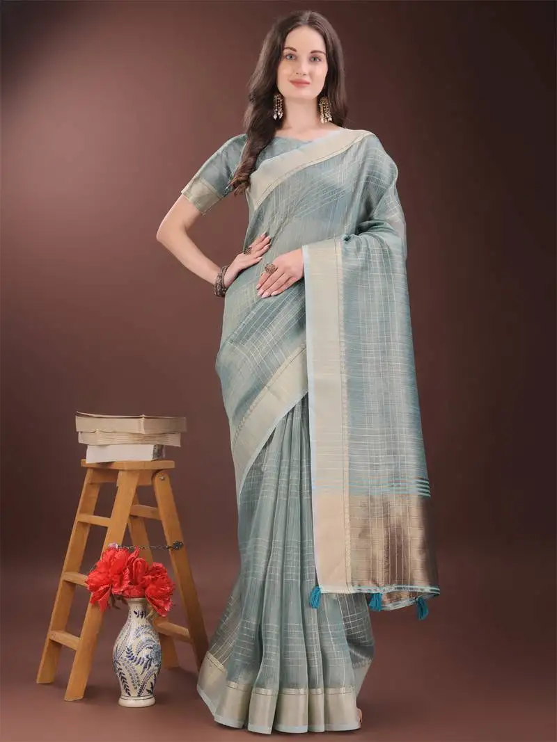 Light blue organza woven zari work tassel saree