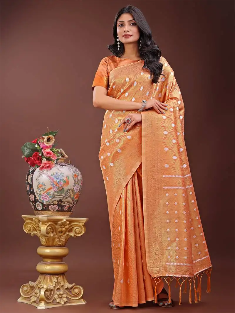 Peach cotton woven zari work tassel saree