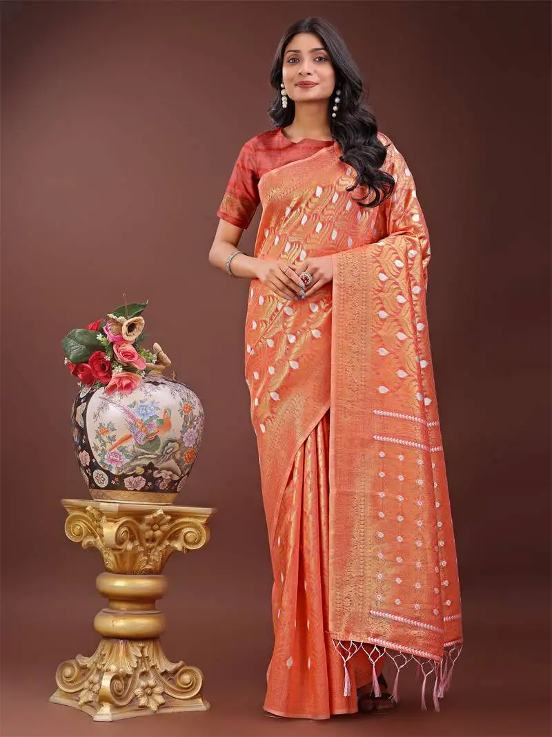 Orange cotton woven zari work tassel saree