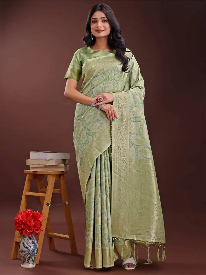 Light green cotton woven zari work tassel saree