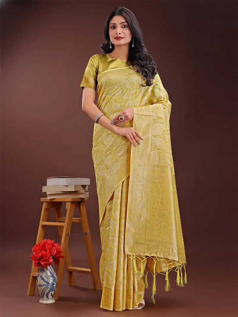Yellow cotton woven zari work tassel saree