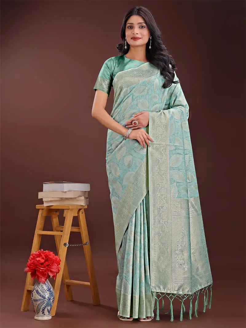 Sea green cotton woven zari work tassel saree