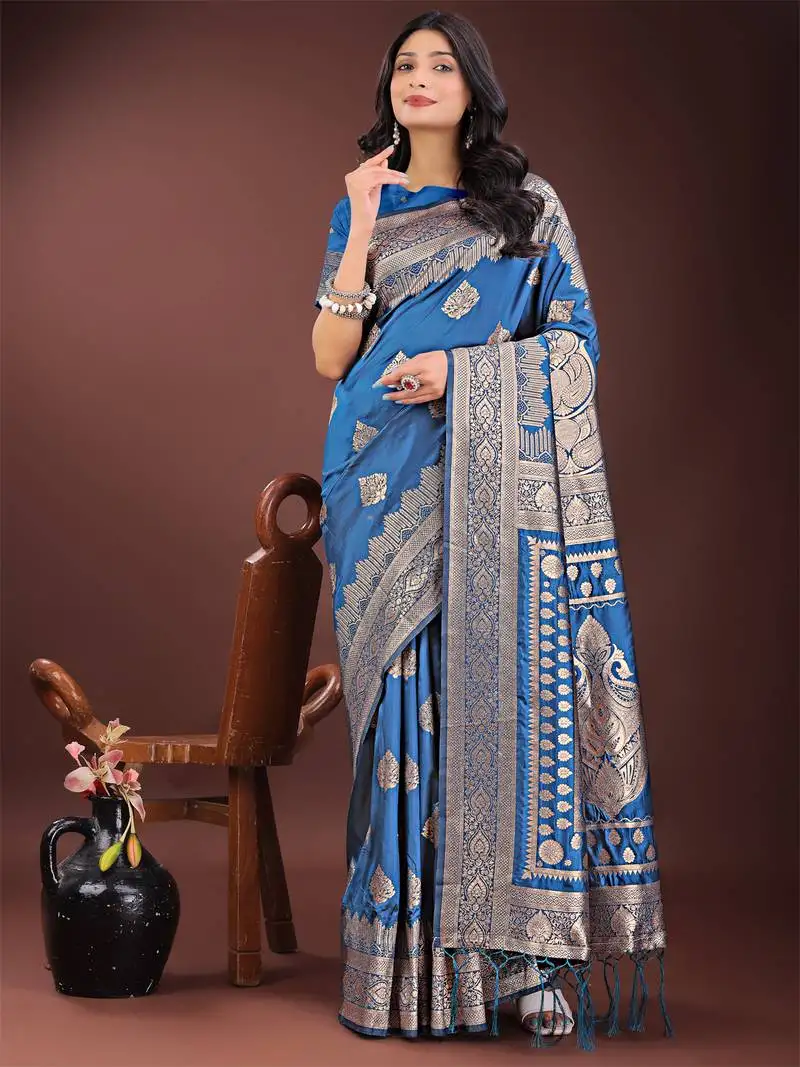 Sky blue silk blend woven zari work tassel saree
