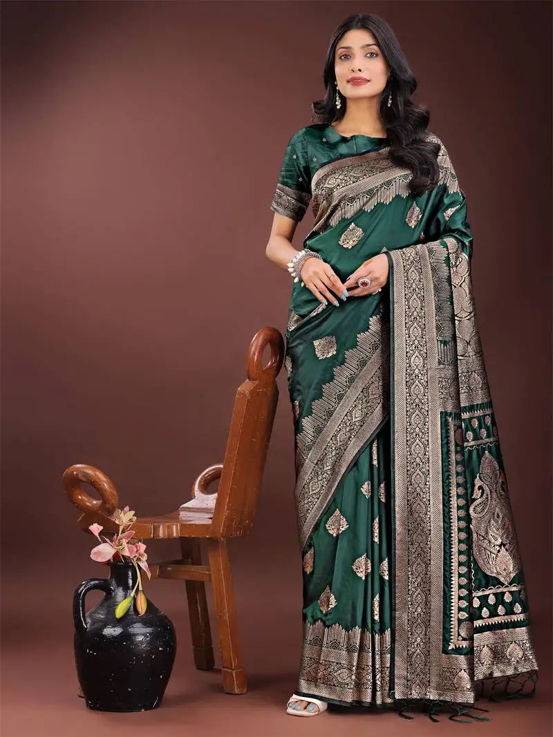 Green silk blend woven zari work tassel saree
