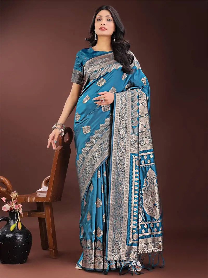 Teal silk blend woven zari work tassel saree