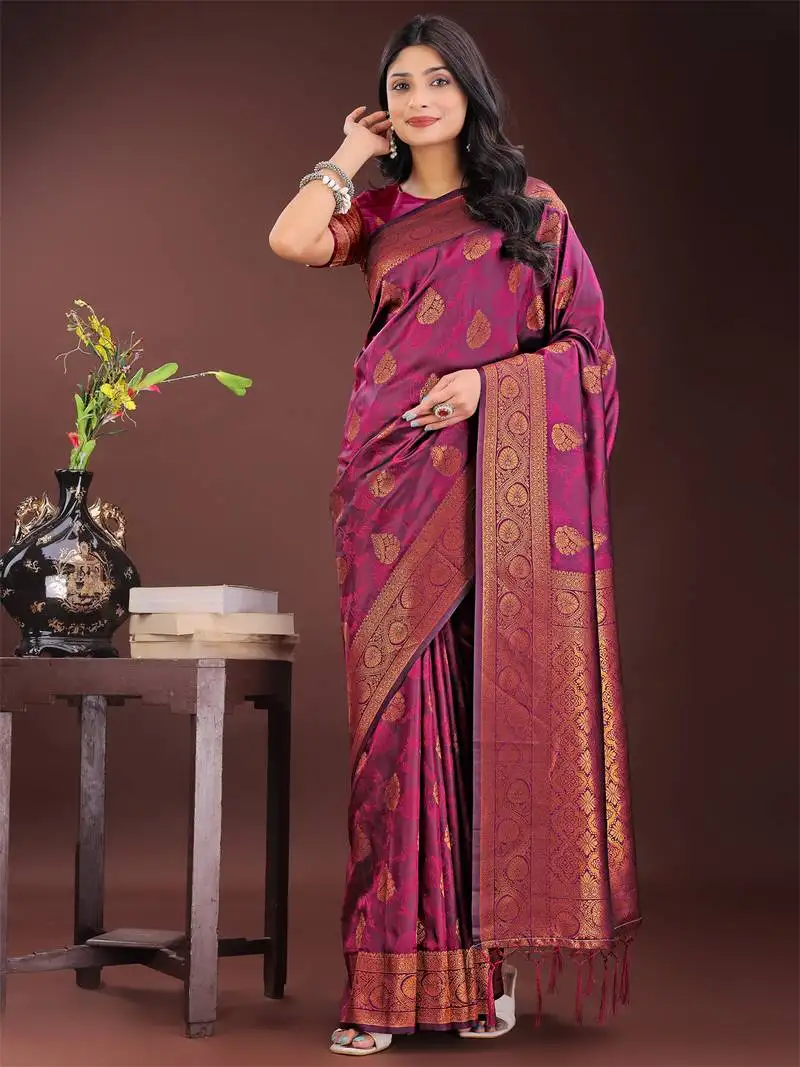 Purple silk blend woven zari work tassel saree