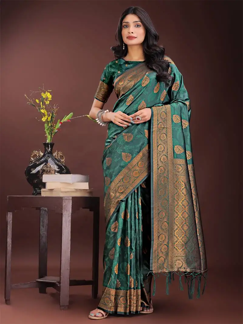 Dark green silk blend woven zari work tassel saree