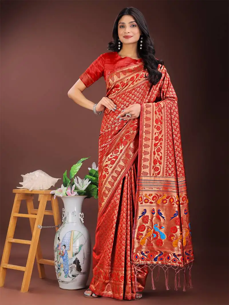 Red silk blend woven zari work tassel saree