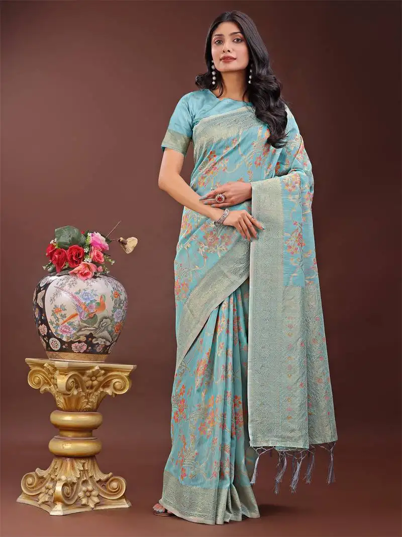Light blue linen cotton woven zari work tassel saree
